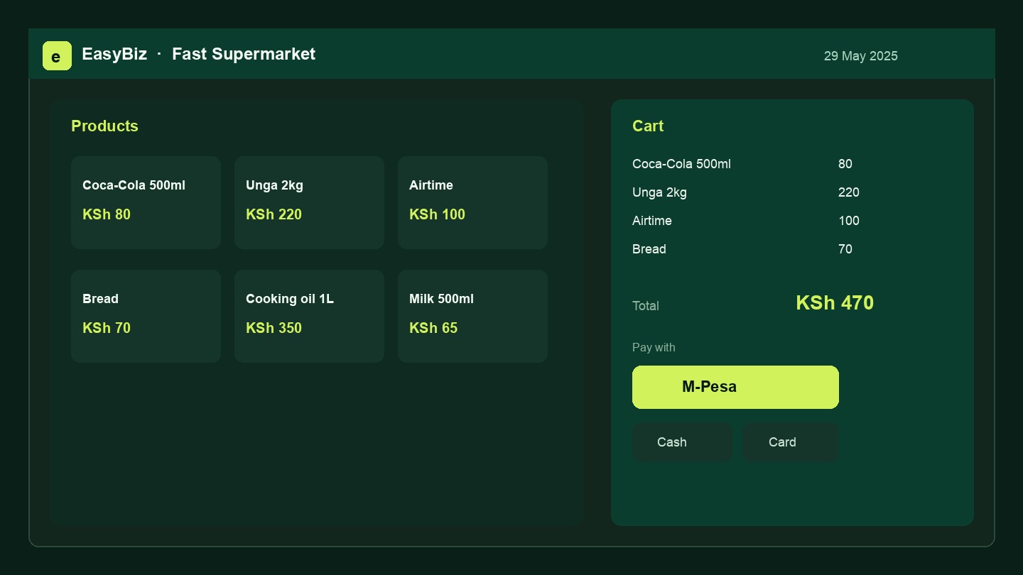 EasyBiz POS mid-sale with M-Pesa selected